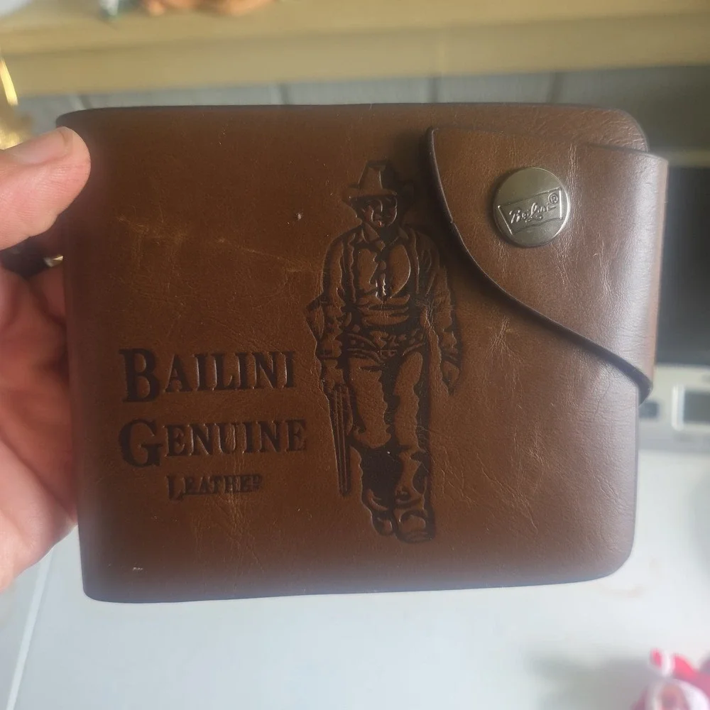 Bailini Genuine Brown Cowhide Leather Men Bifold Cowboy Wallet
